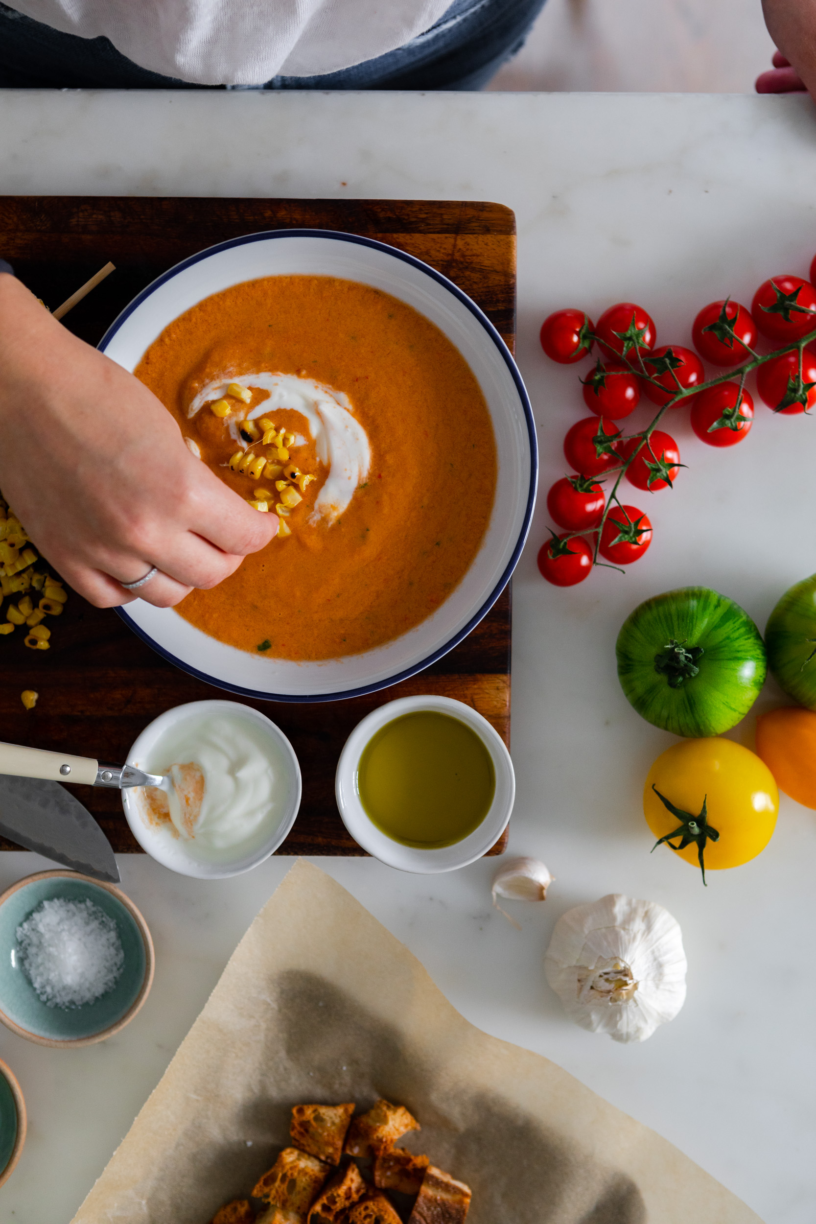 Tomato soup with corn and croutons