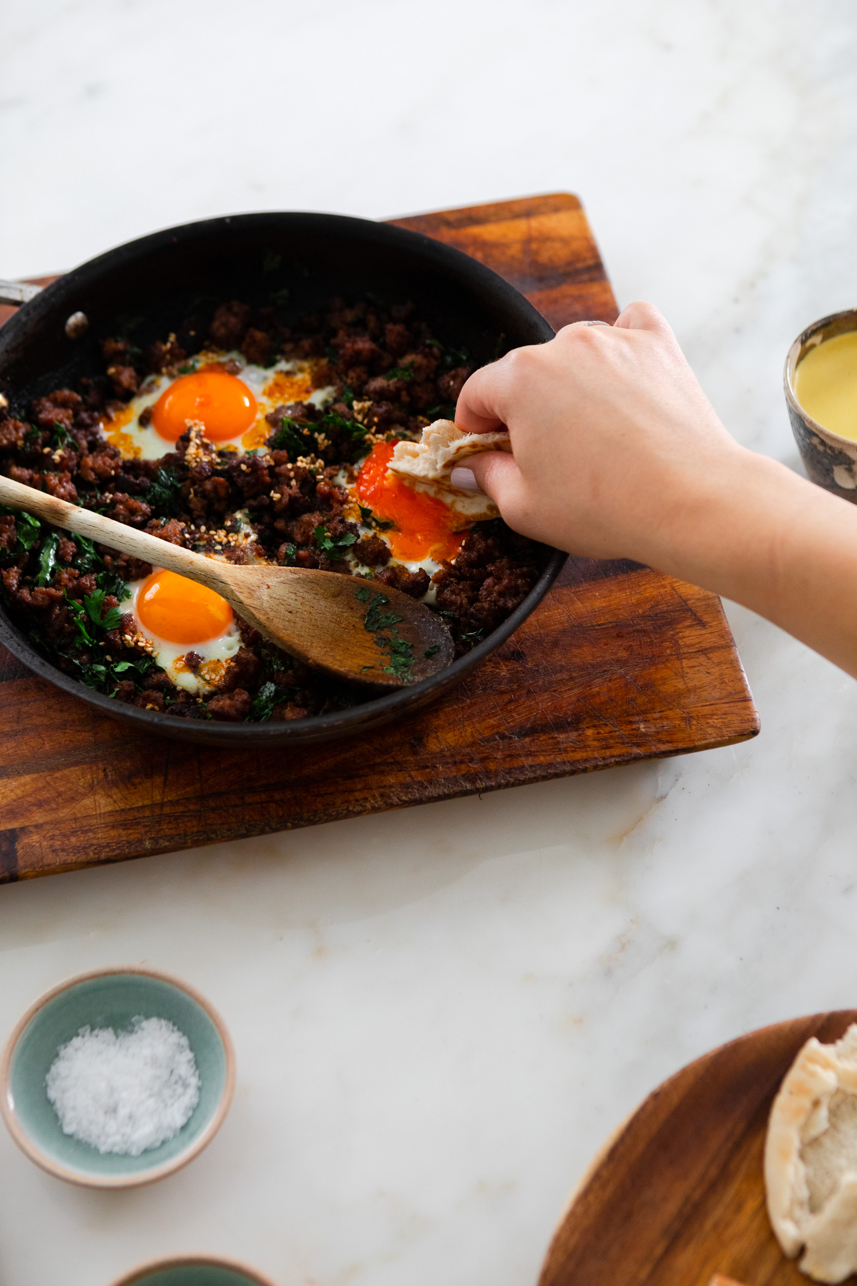 Spiced meat and eggs skillet