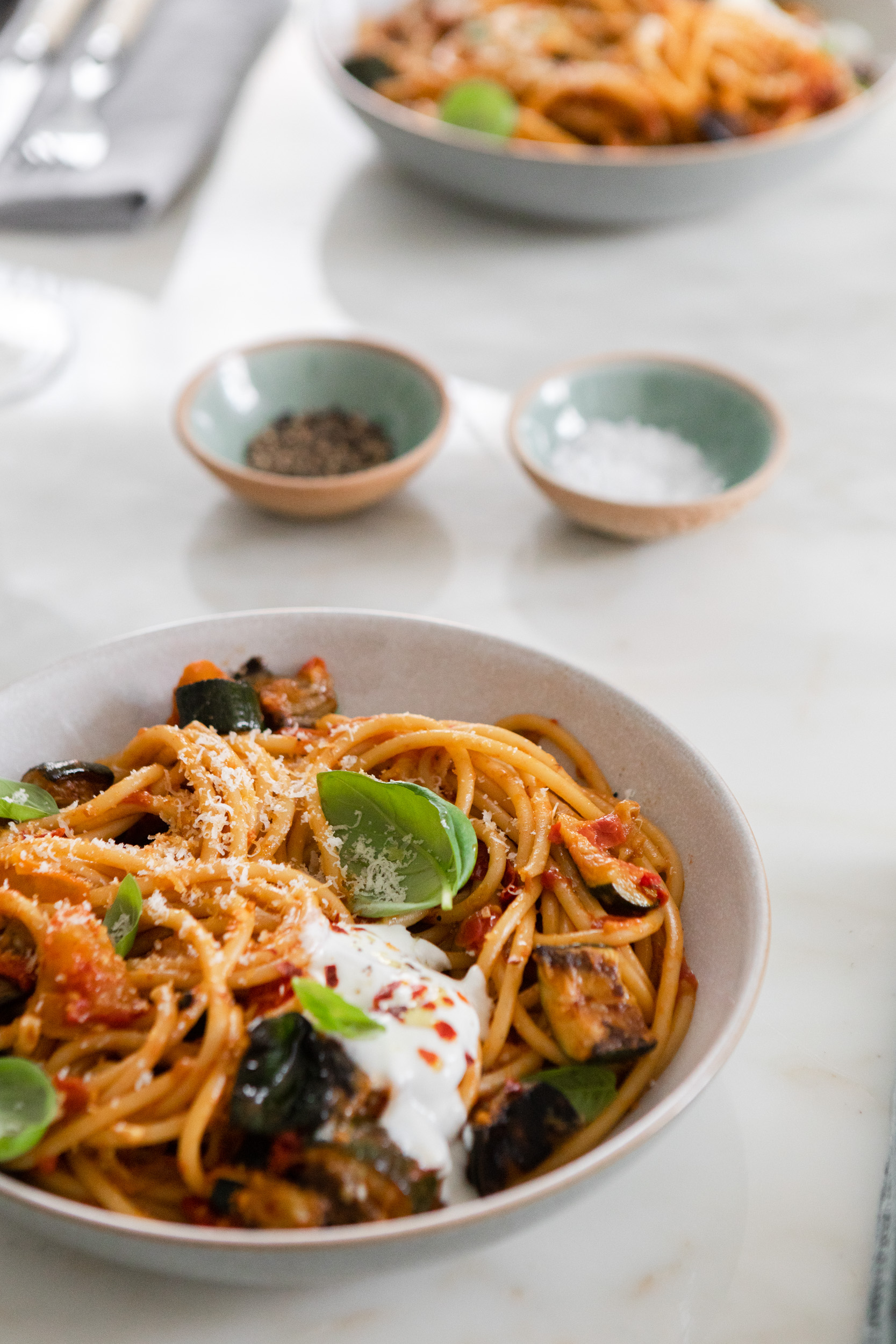 Spaghetti with aubergine and burrata