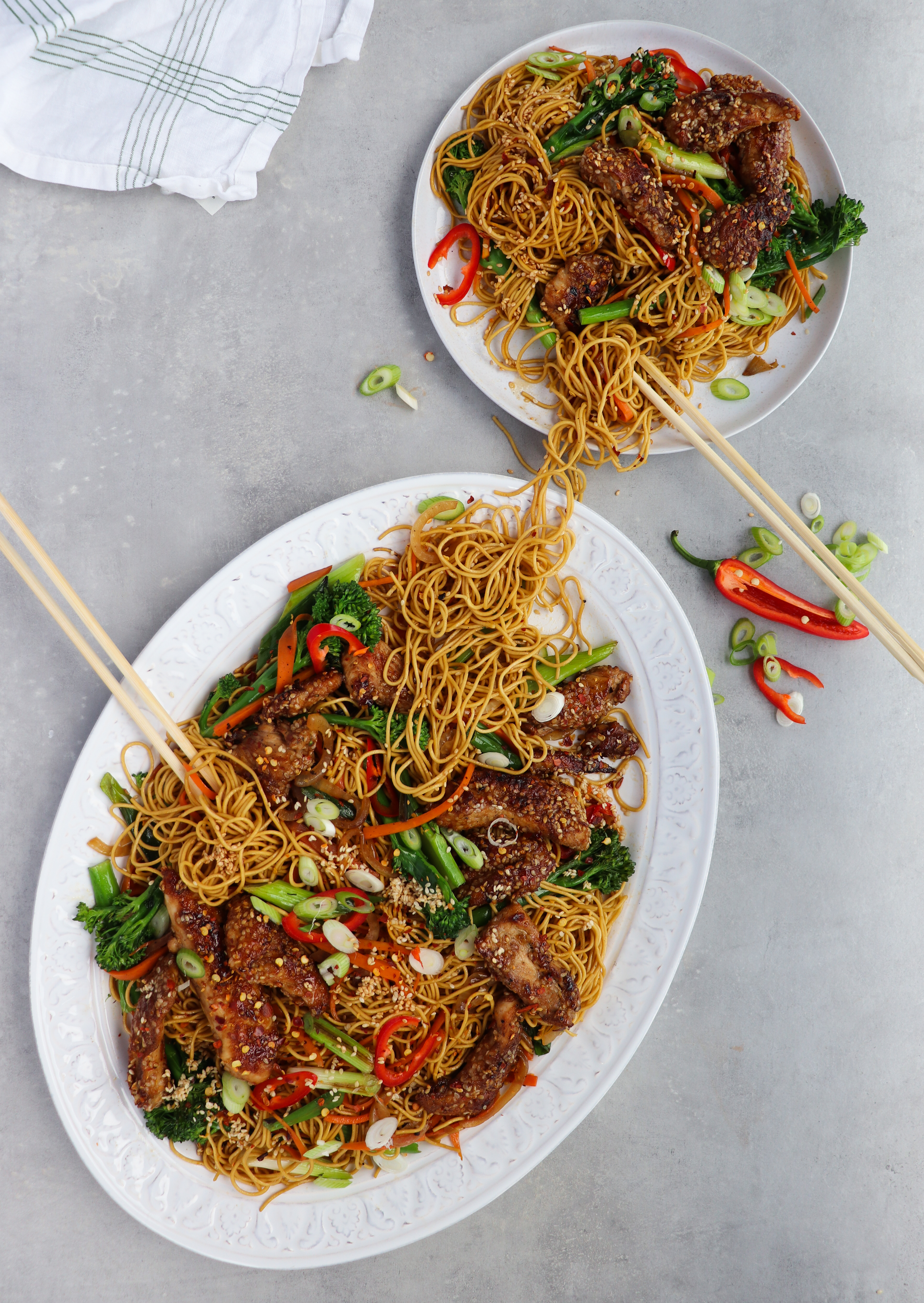 Crispy noodles with sticky beef and broccolini